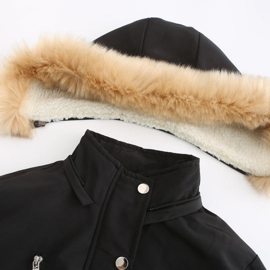 Damen modische Outdoor-Jacke mit abnehmbarem Kunstfellkragen und elastischem Taillenzug R&B