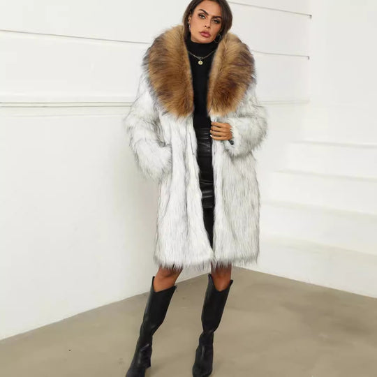 Damen Luxuriöser Kunstpelzmantel mit voluminösem Kragen R&B