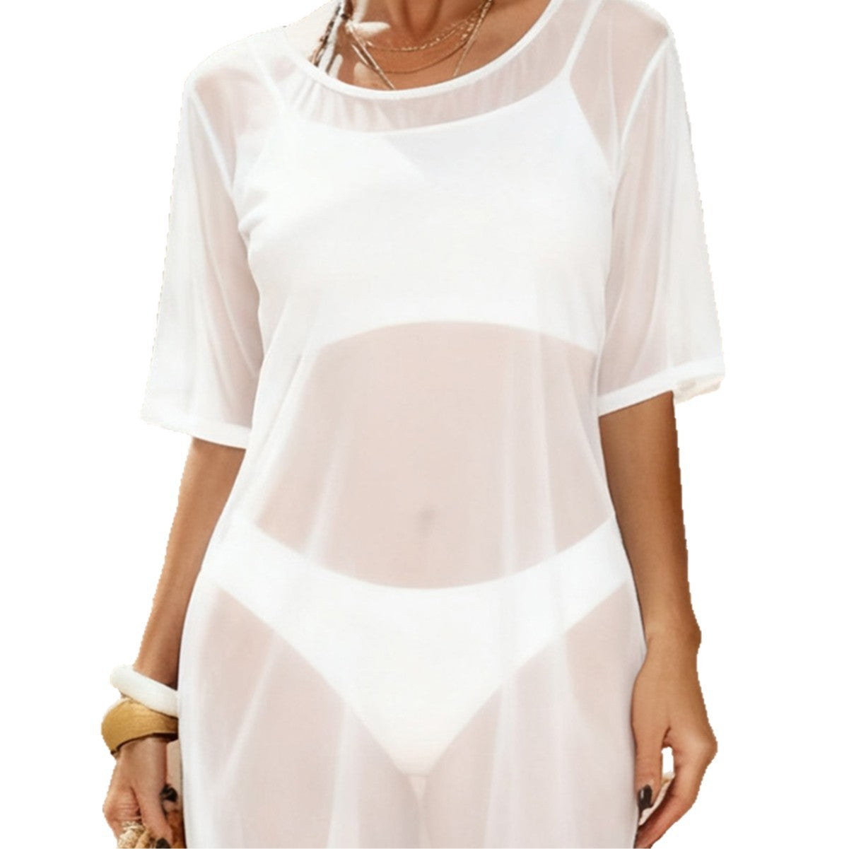 Damen transparenter Strandüberwurf mit kurzem Schnitt R&B
