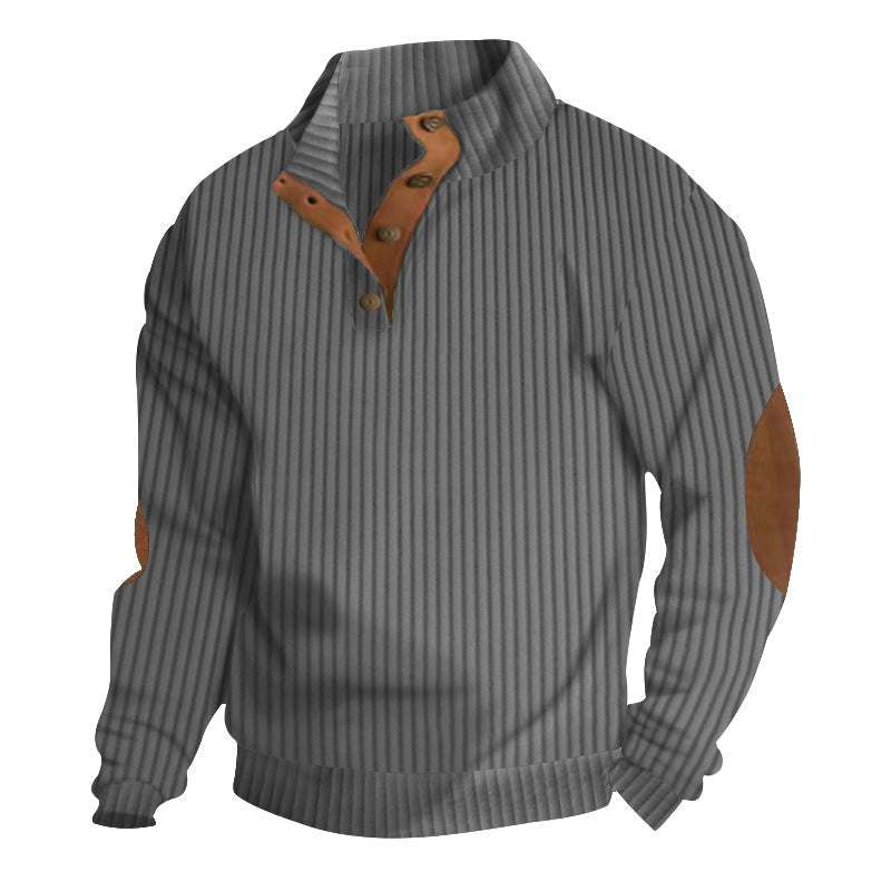 Herren nan strukturierter Ripp-Pullover mit kurzem Knopfkragen und Wildleder-Ellbogenpatches R&B