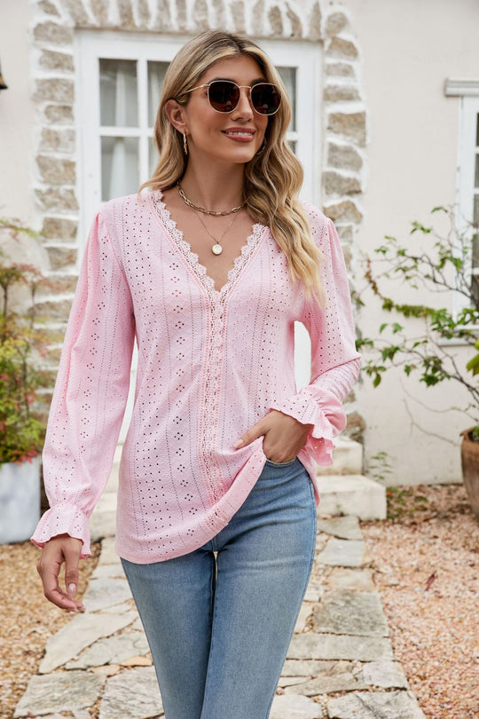 Damen Spitzenbluse mit V-Ausschnitt R&B