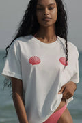 Damen lässiges T-Shirt mit maritimem Muschel-Print und lockerer Passform R&B