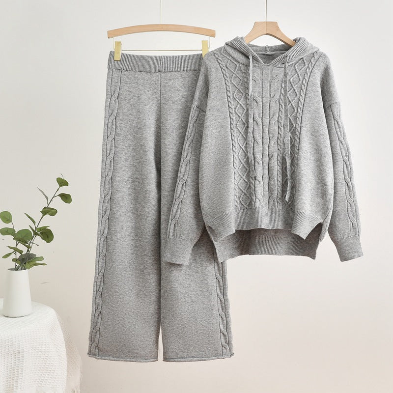 Damen lässiges Strick-Loungewear-Set mit Kapuze und breiten Beinen R&B