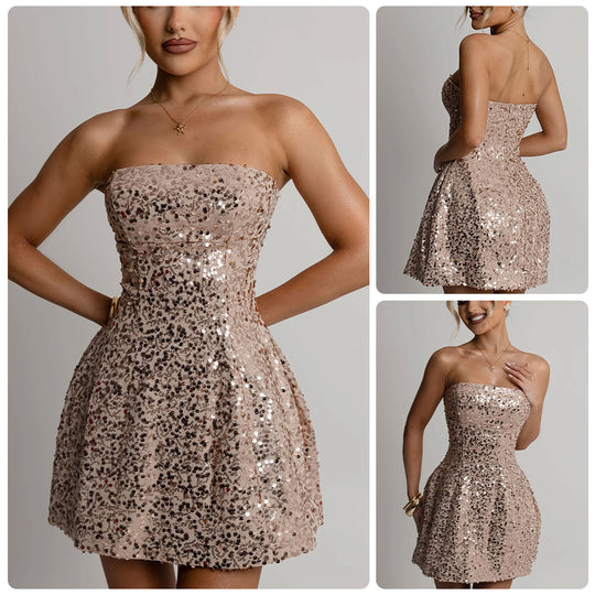 Damen Cocktailkleid mit funkelnden Pailletten und schulterfreiem Design R&B