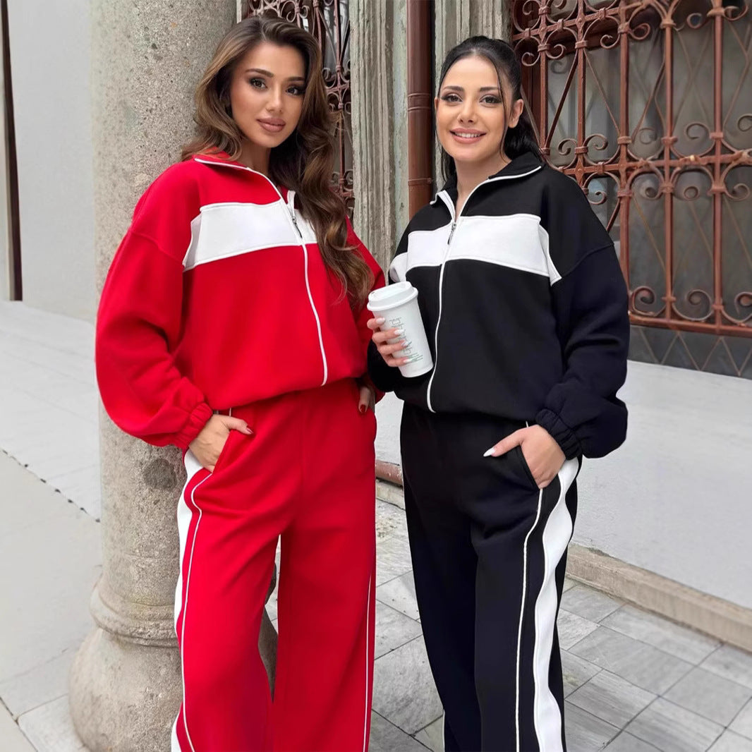 Damen sportliches Fleece-Loungewear-Set mit hohem Kragen undseitlichen Kontraststreifen R&B