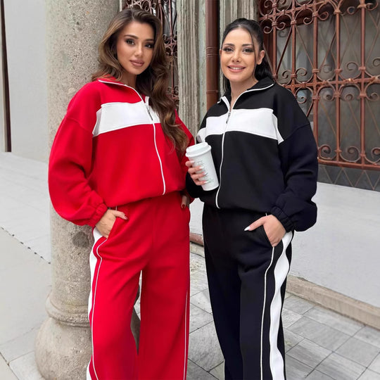 Damen sportliches Fleece-Loungewear-Set mit hohem Kragen undseitlichen Kontraststreifen R&B