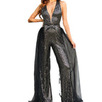 Damen Funkelnder Pailletten-Jumpsuit mit transparentem Überrock R&B