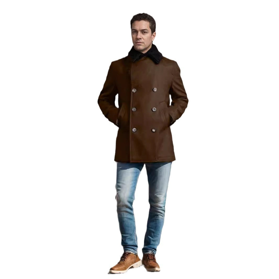 Herren modischer Doppelreihen-Wollmantel mit Teddyfellkragen R&B
