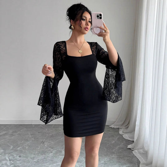 Damen Elegantes Minikleid mit Spitzenärmeln R&B