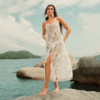 Damen elegantes transparentes Strandkleid mit floralen Häkelverzierungen R&B