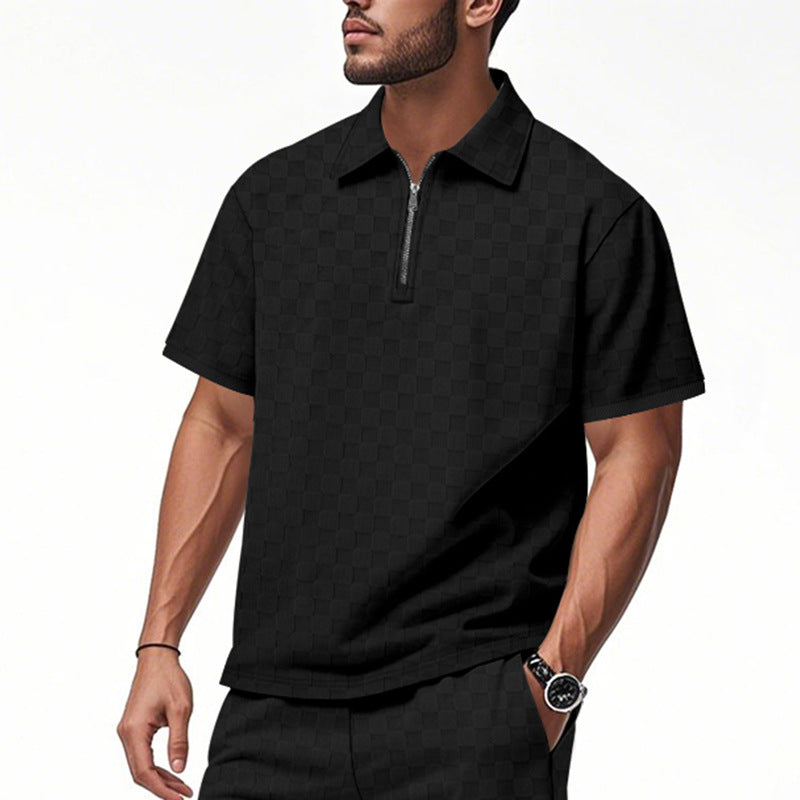 Herren nan kurzes Halbzip-Poloshirt aus strukturierter Waffelpiqué mit Hemdkragen und figurbetonter Passform R&B