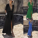 Damen Elegantes Maxikleid mit tiefem V-Ausschnitt und hohem Schlitz EB