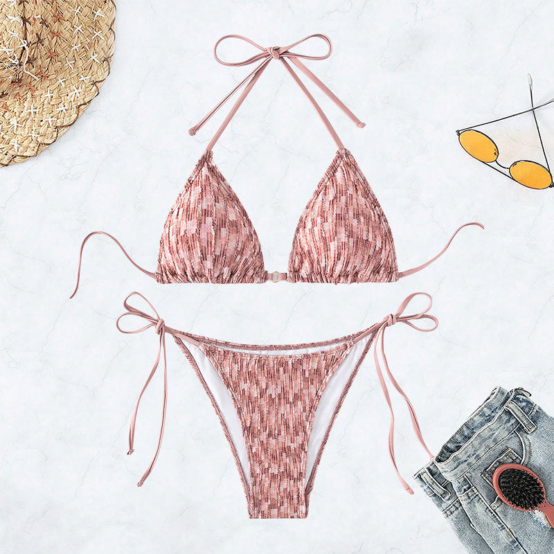 Damen Triangel-Bikini mit eleganten Bindändern und rippierter Textur