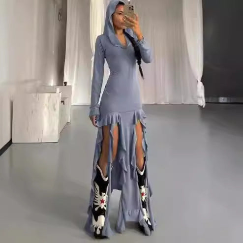 Damen Langarm Maxikleid mit Kapuze und Rüschendetails R&B
