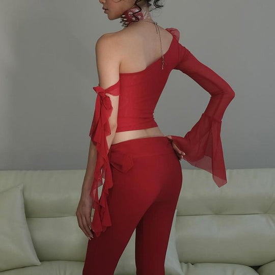 Damen Off-Shoulder Oberteil mit transparenten Ärmeln und dekorativen Akzenten R&B