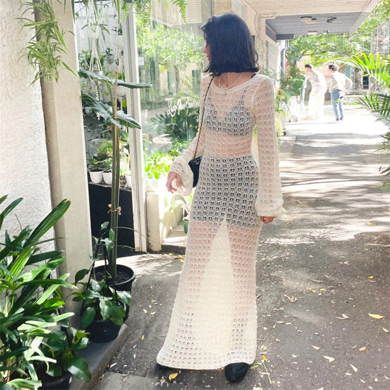 Damen Transparente Maxikleid mit strukturiertem Häkelmuster R&B
