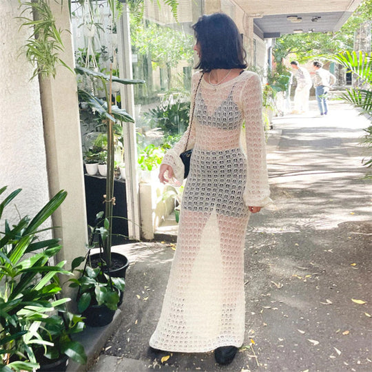 Damen Transparente Maxikleid mit strukturiertem Häkelmuster R&B