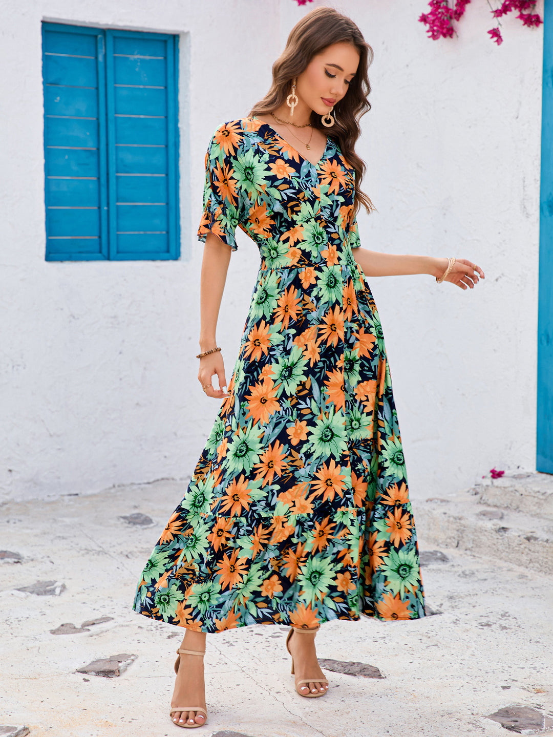 Damen Maxikleid mit voluminösen Ärmeln und fröhlichem Blumenmuster R&B