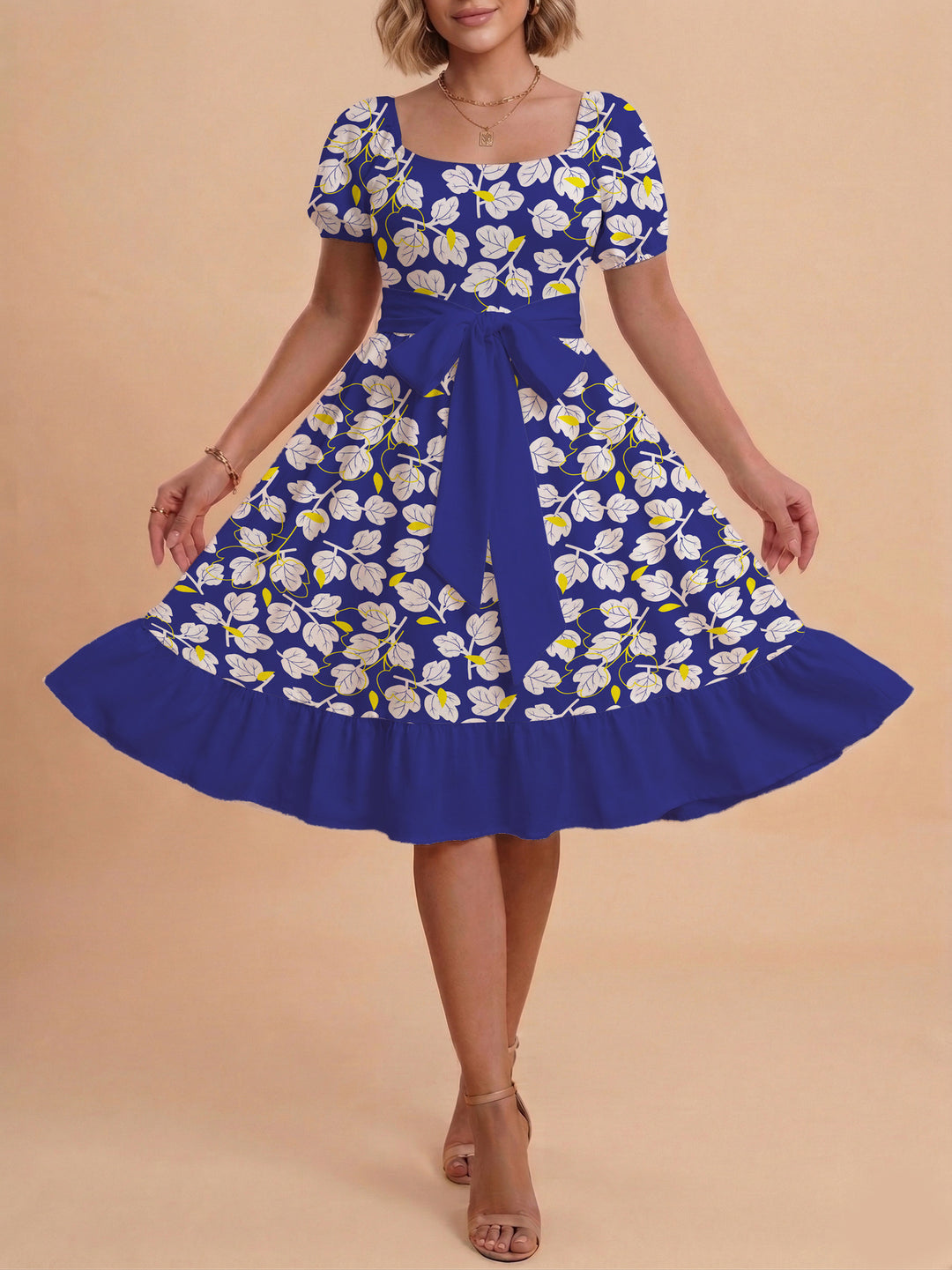 Damen Blumenkleid mit taillierbarem Gürtel und voluminösen Ärmeln R&B