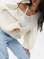 Damen lässiger Strickpullover mit weiten Ärmeln und tiefem V-Ausschnitt R&B