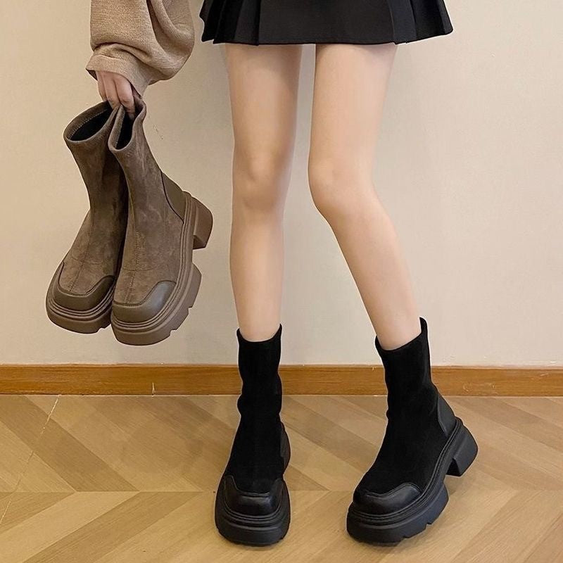 Damen modische Chunky Stiefeletten mit komfortabler Sohle und elastischem Schaft R&B