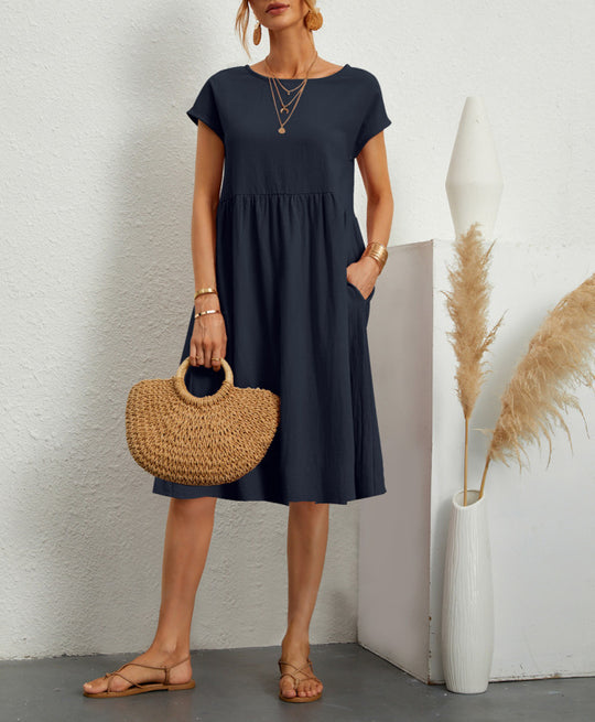 Damen Freizeitleinenkleid mit leichtem Schnitt und Taschen R&B