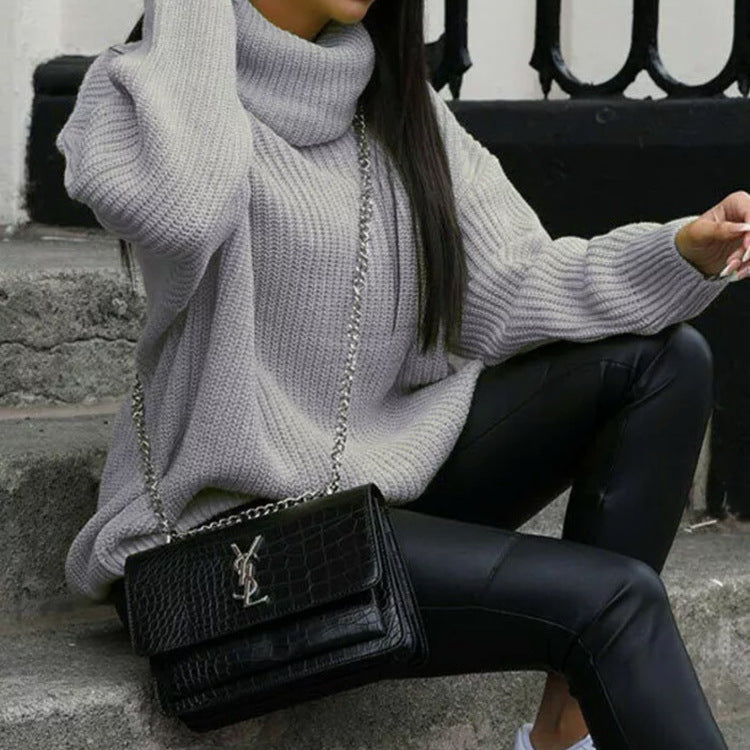 Damen Grobstrickpullover mit hohem Kragen und lässigem Schnitt R&B