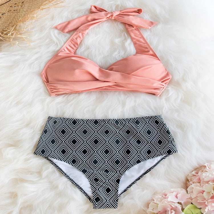 Damen High-Waist Bikini-Set mit elegantem Wickeldesign und modischem geometrischem Muster R&B