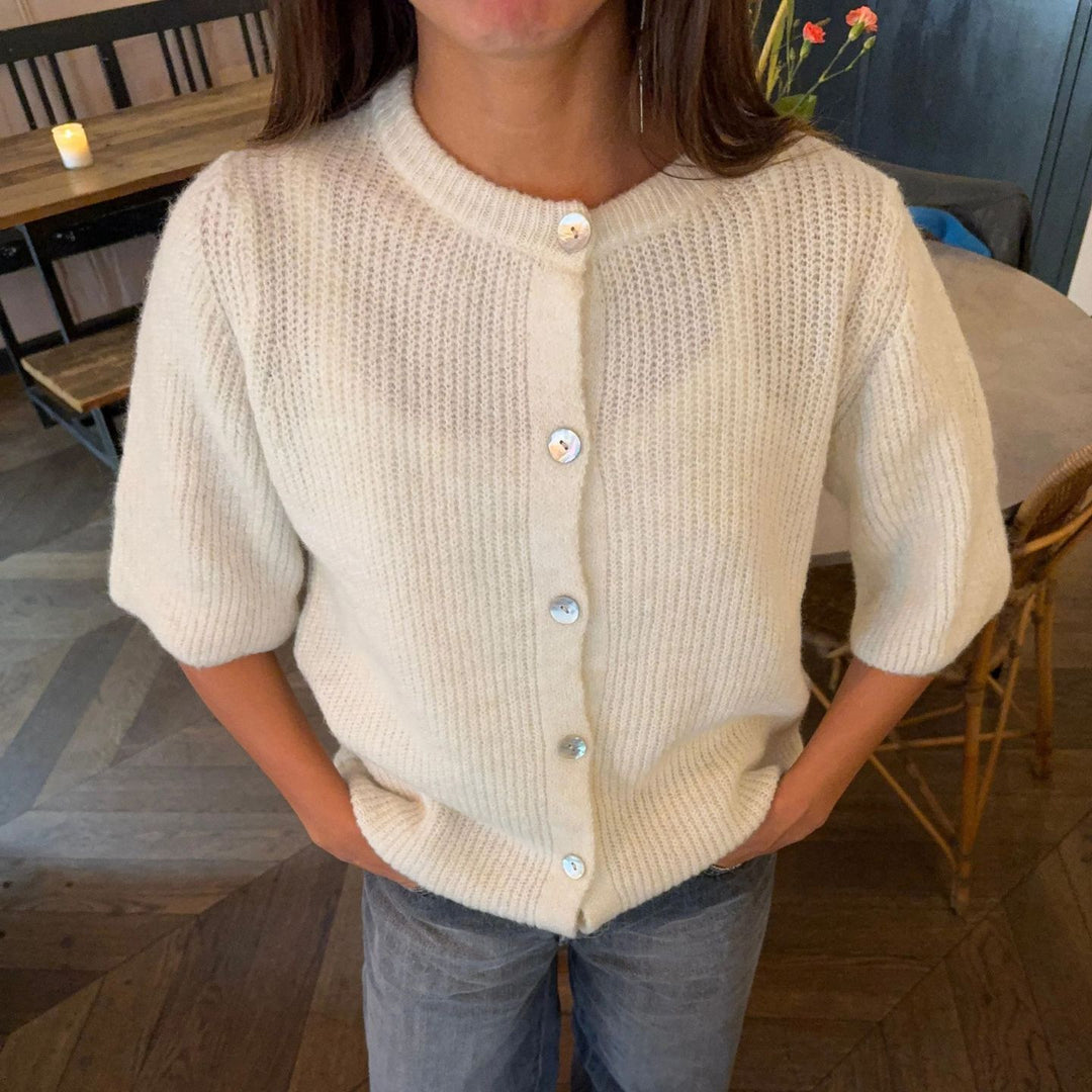 Damen kurzärmliger Strickpullover mit Knopfdetails R&B