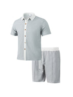 Herren nan modernes Freizeit-Set aus feinem Strukturjersey mit Hemdkragen-Knopfleiste und Kordel-Shorts R&B