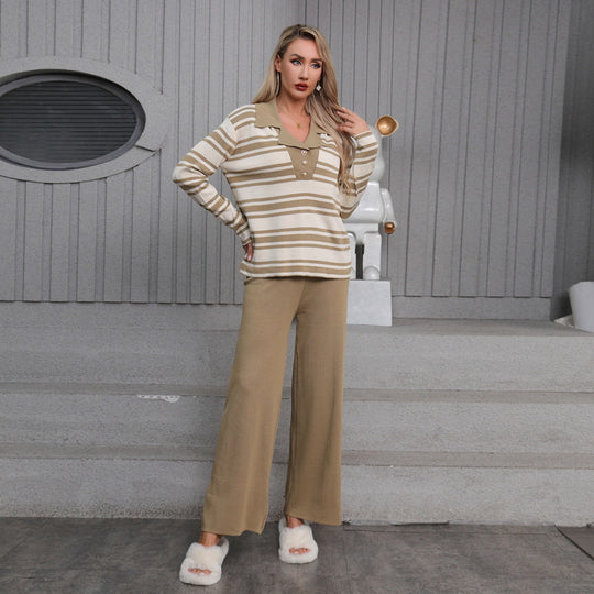 Damen elegantes Strick-Loungewear-Set mit einem modischen Kragen und weit geschnittenen Hosen R&B