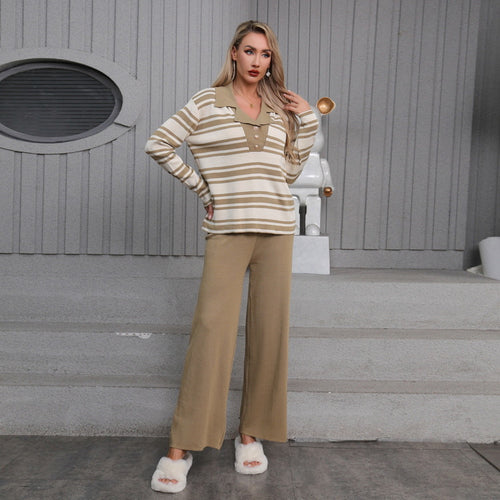 Damen elegantes Strick-Loungewear-Set mit einem modischen Kragen und weit geschnittenen Hosen R&B