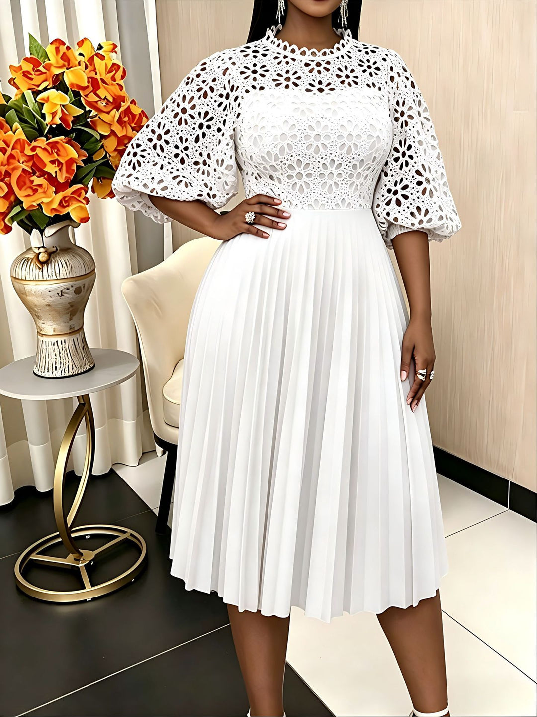 Damen elegantes Midikleid mit Spitzenoberteil und plissiertem Rock R&B