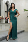 Damen Schimmerndes Abendkleid mit tiefem V-Ausschnitt und eleganten Ärmel-Details R&B