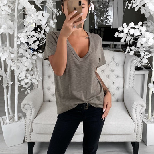 Damen lässiges V-Ausschnitt T-Shirt mit lockerer Passform R&B