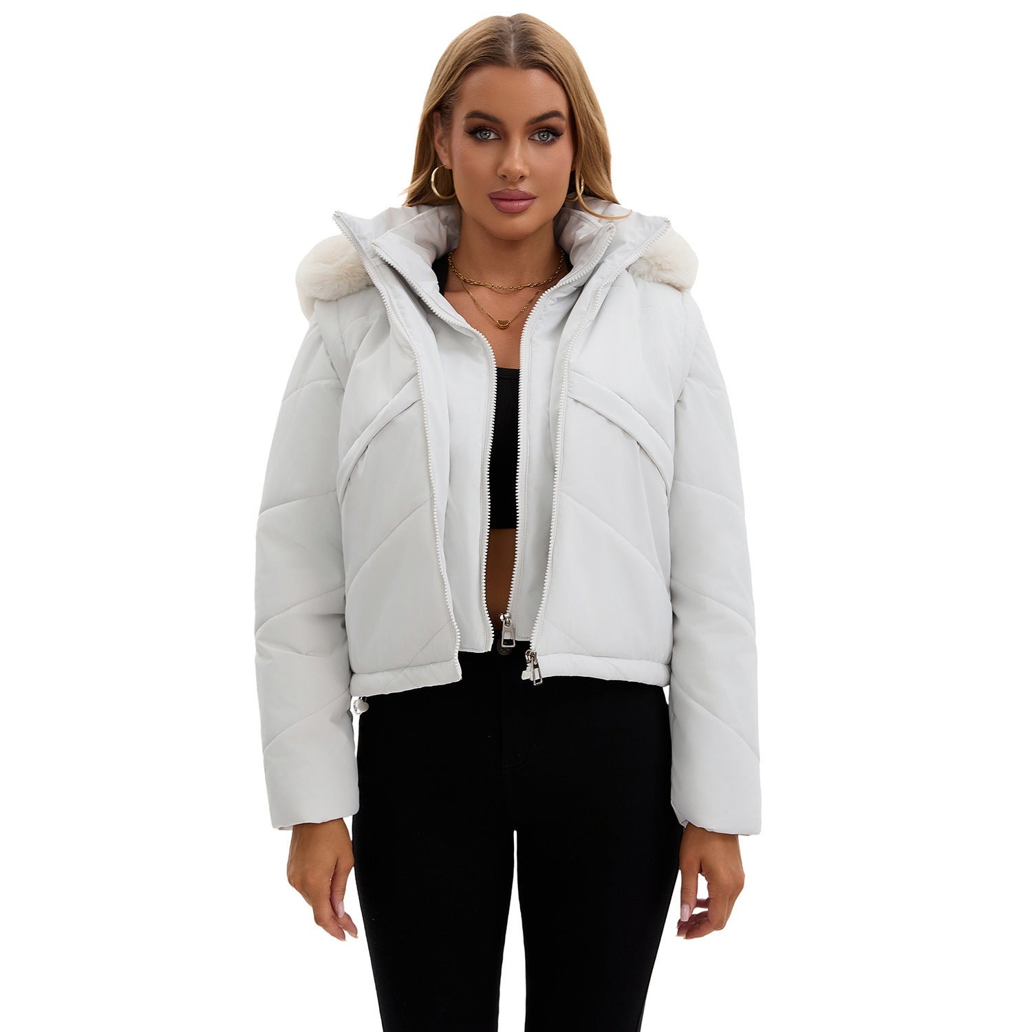 Damen Wendejacke mit abnehmbarer Kapuze und Kunstfell von
