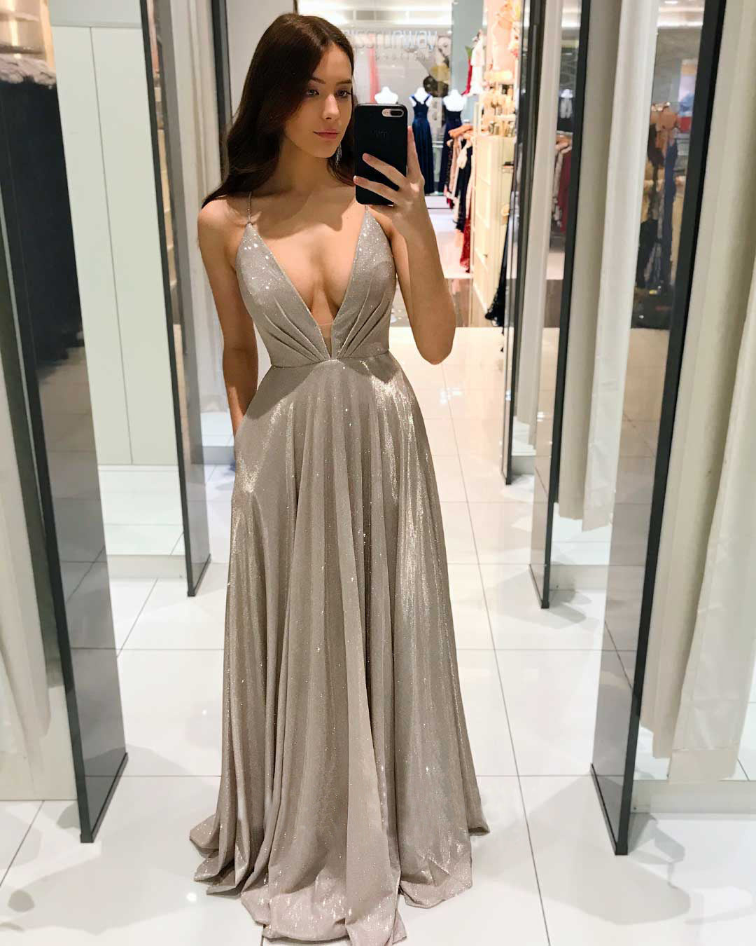 Damen Glamouröses Abendkleid mit tiefem V-Ausschnitt und funkelnden Details R&B