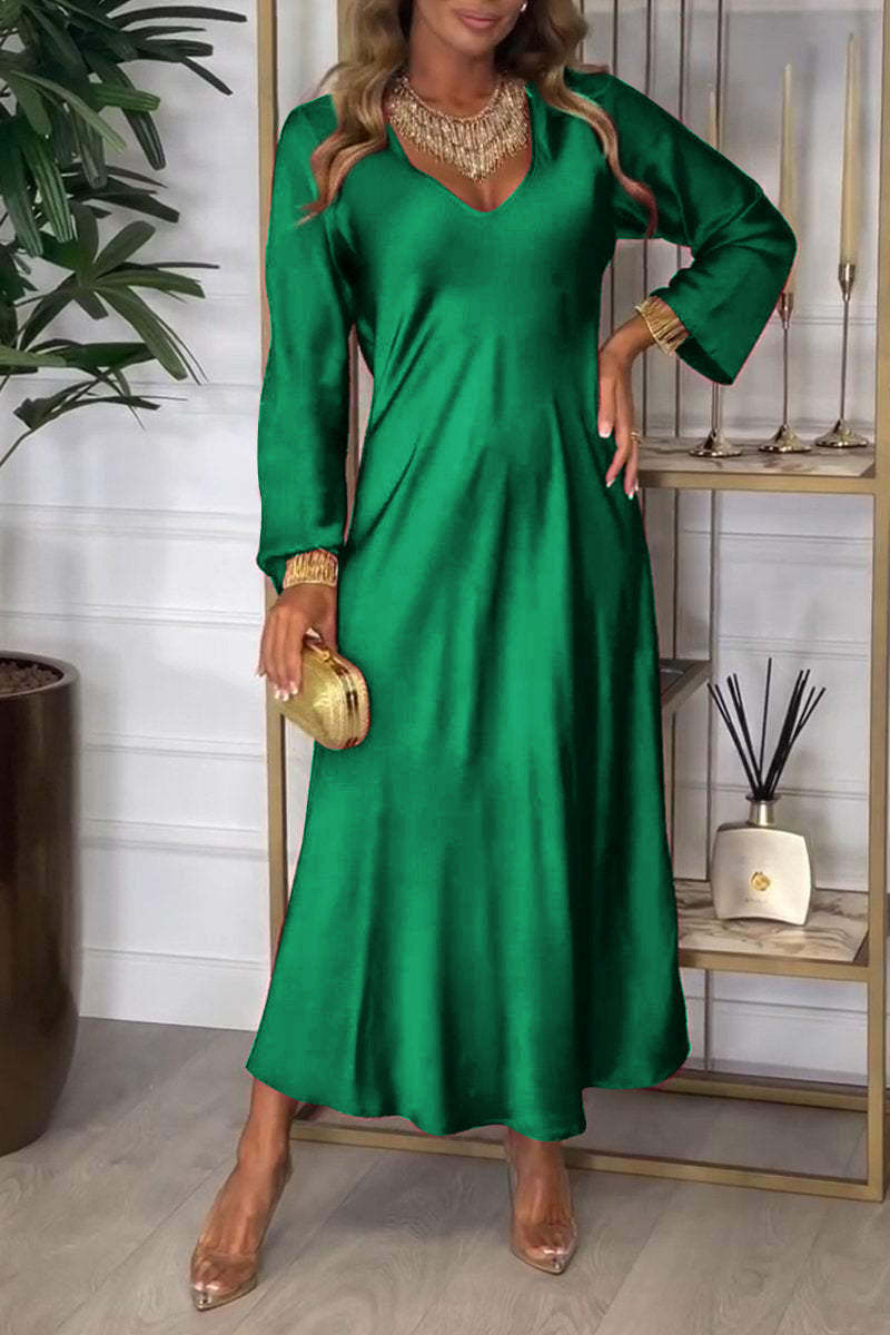 Damen elegantes Maxikleid mit tiefem V-Ausschnitt und fließendem Schnitt R&B