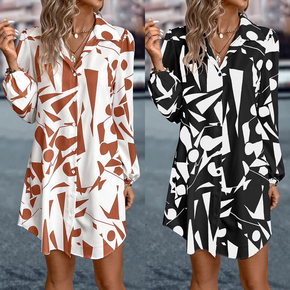 Damen Hemdblusenkleid im modernen Grafikdesign mit Bindegürtel R&B
