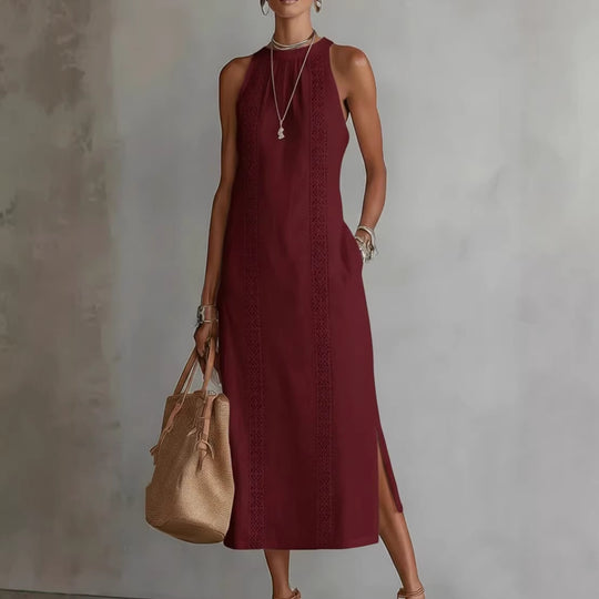 Damen Elegantes Sommer-Maxi-Kleid mit Spitzenapplikation und seitlichem Schlitz Heidi-Mode