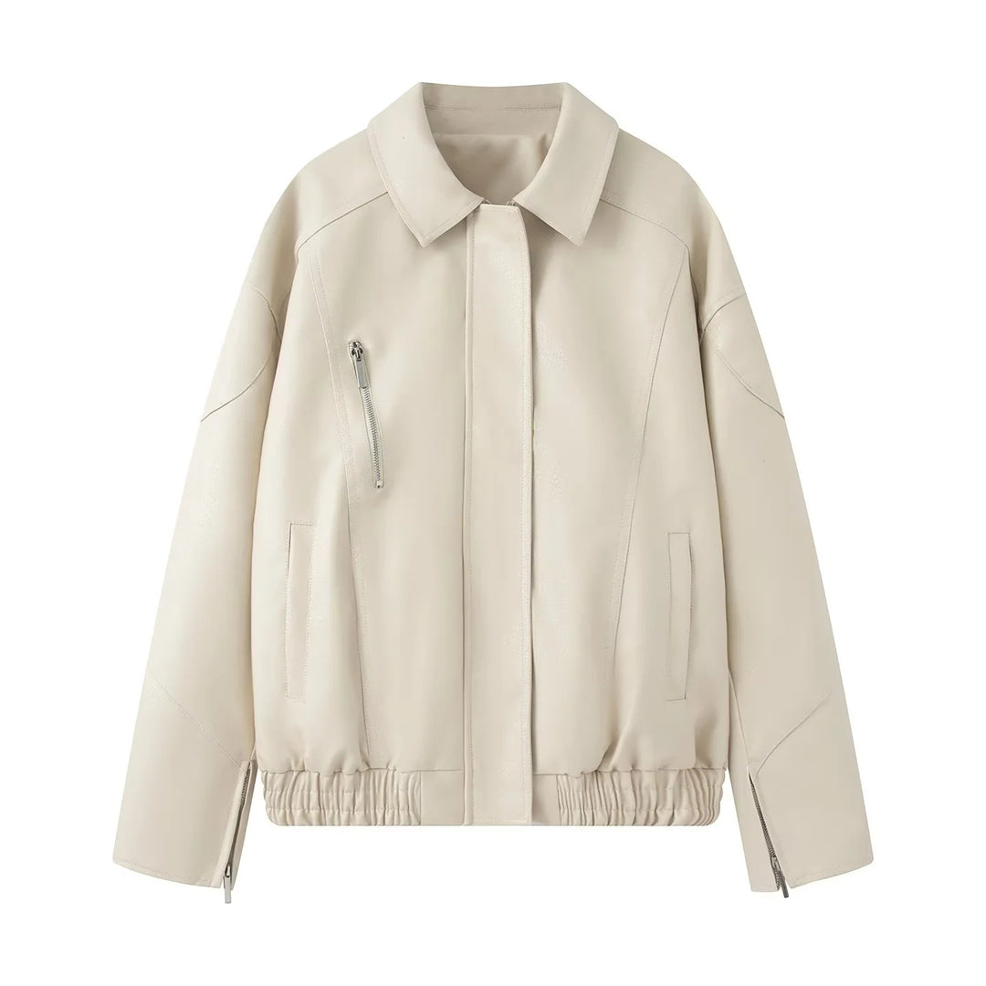 Damen modische Kunstlederjacke mit elastischem Saum und praktischen Taschen R&B