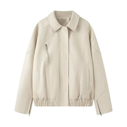 Damen modische Kunstlederjacke mit elastischem Saum und praktischen Taschen R&B