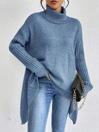 R&B | Rollkragenpullover Übergröße Passform Wollstrick Asymmetrischer Saum Gerippte Ärmel