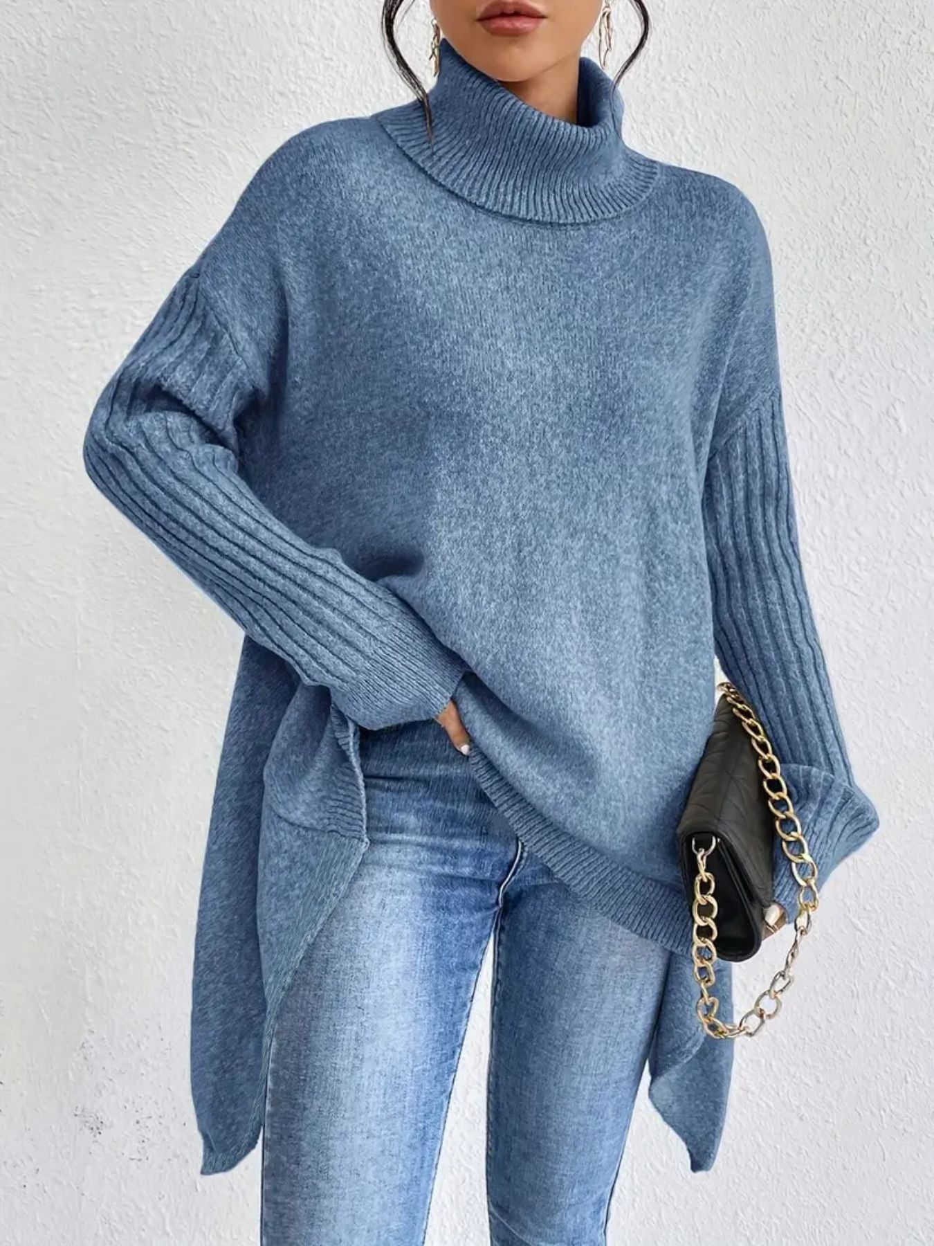 R&B | Rollkragenpullover Übergröße Passform Wollstrick Asymmetrischer Saum Gerippte Ärmel