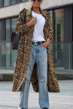 R&B | Leoparden Revers Lockerer Langer Trenchcoat