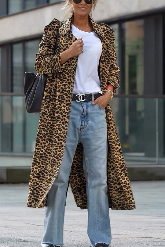 R&B | Leoparden Revers Lockerer Langer Trenchcoat