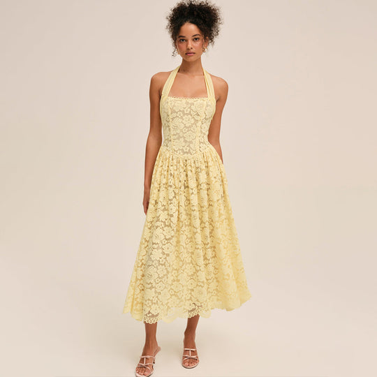 Damen Elegant Spitzenkleid mit geflochtenem Träger R&B