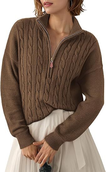 Damen Grobstrick Pullover mit Stehkragen und halbem Reißverschluss R&B