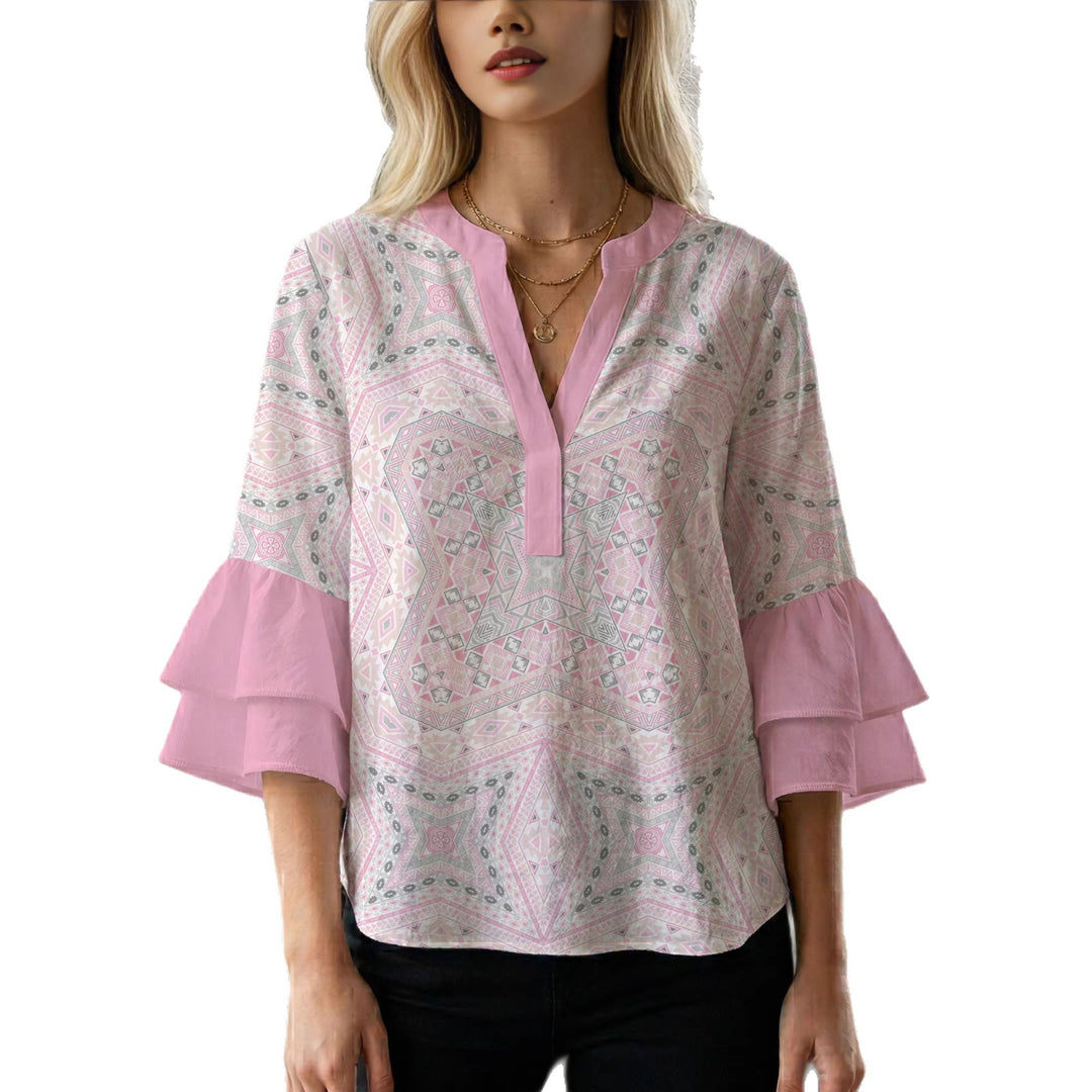 Damen Bluse mit voluminösen Rüschenärmeln und kreativem Floraldesign R&B