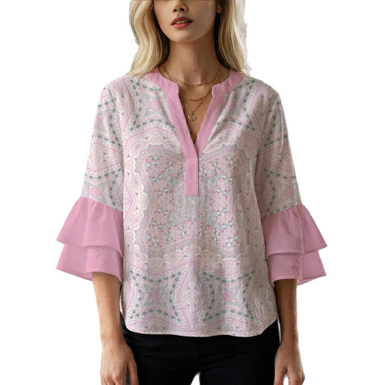 Damen Bluse mit voluminösen Rüschenärmeln und kreativem Floraldesign R&B
